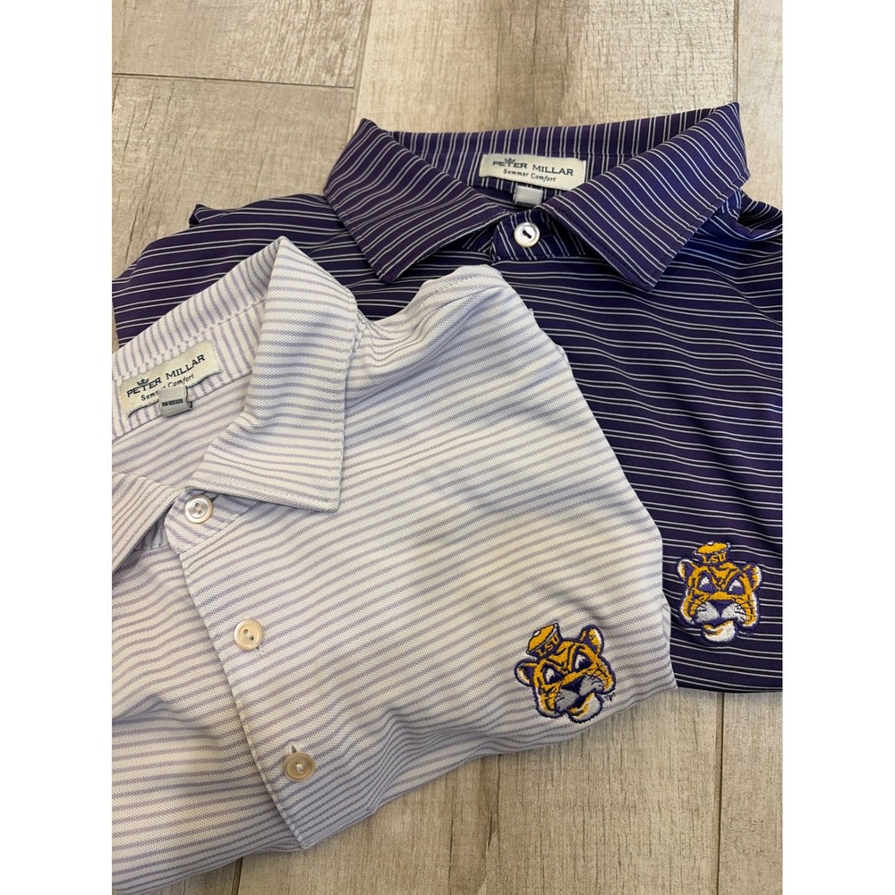 Peter Millar LSU Tigers Polo Shirt Bundle Mens Medium Purple Striped Golf 2pk